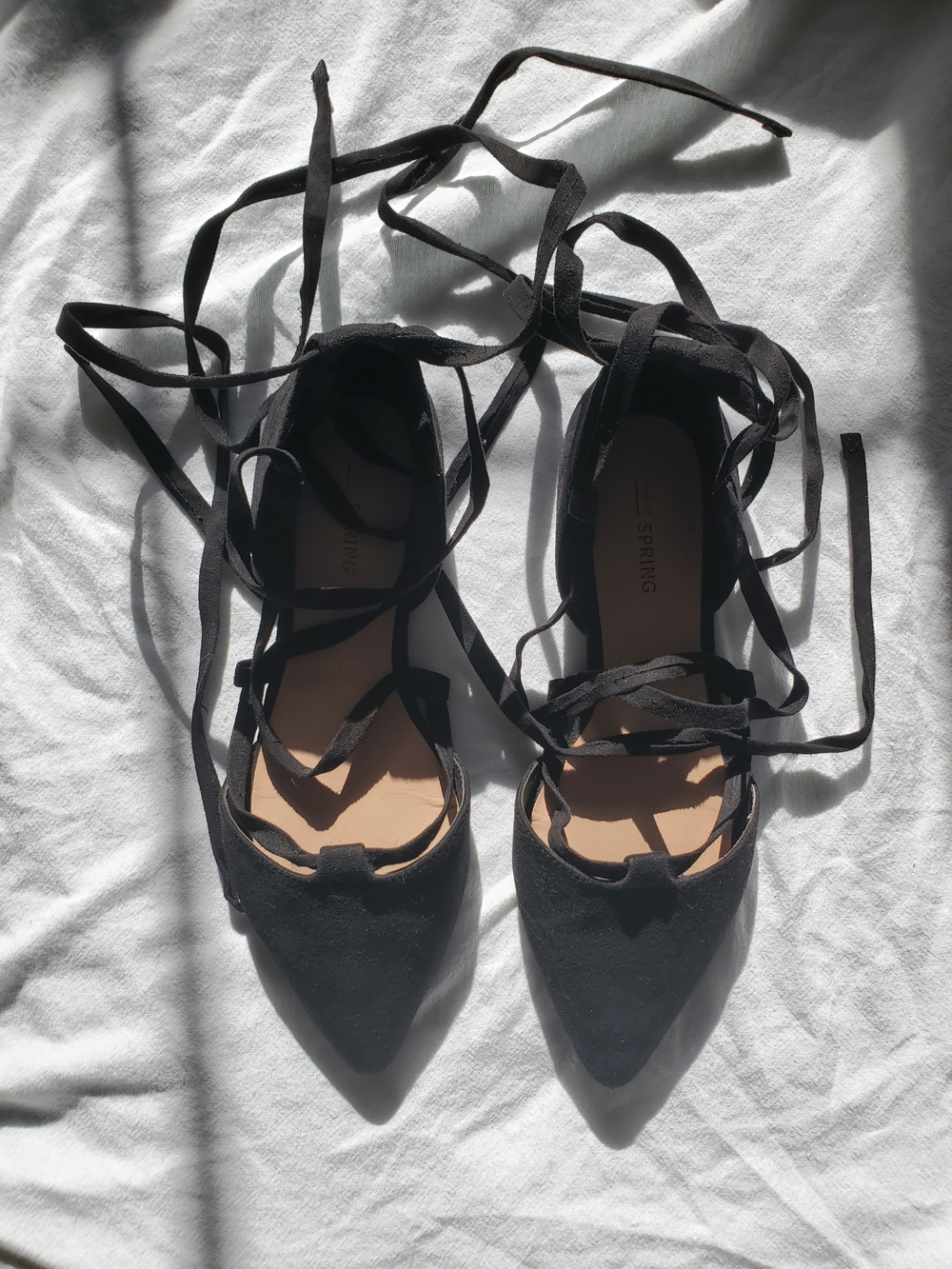 Black Lace-Up Pointed Toe Flats